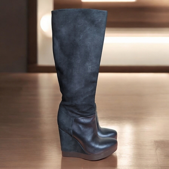 Vince Suede Nubuck Wedge Knee High Mob Wife Boots Made in Italy Black 9 US 40 EU - Picture 2 of 16